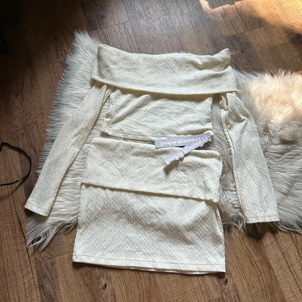 MISSGUIDED Cable Knit Off The Shoulder Long Sleeve Two Piece Set